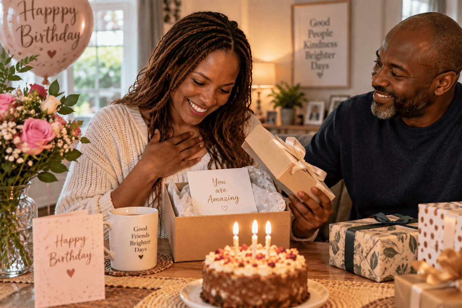Woman opening a thoughtful birthday gift with a loved one at home