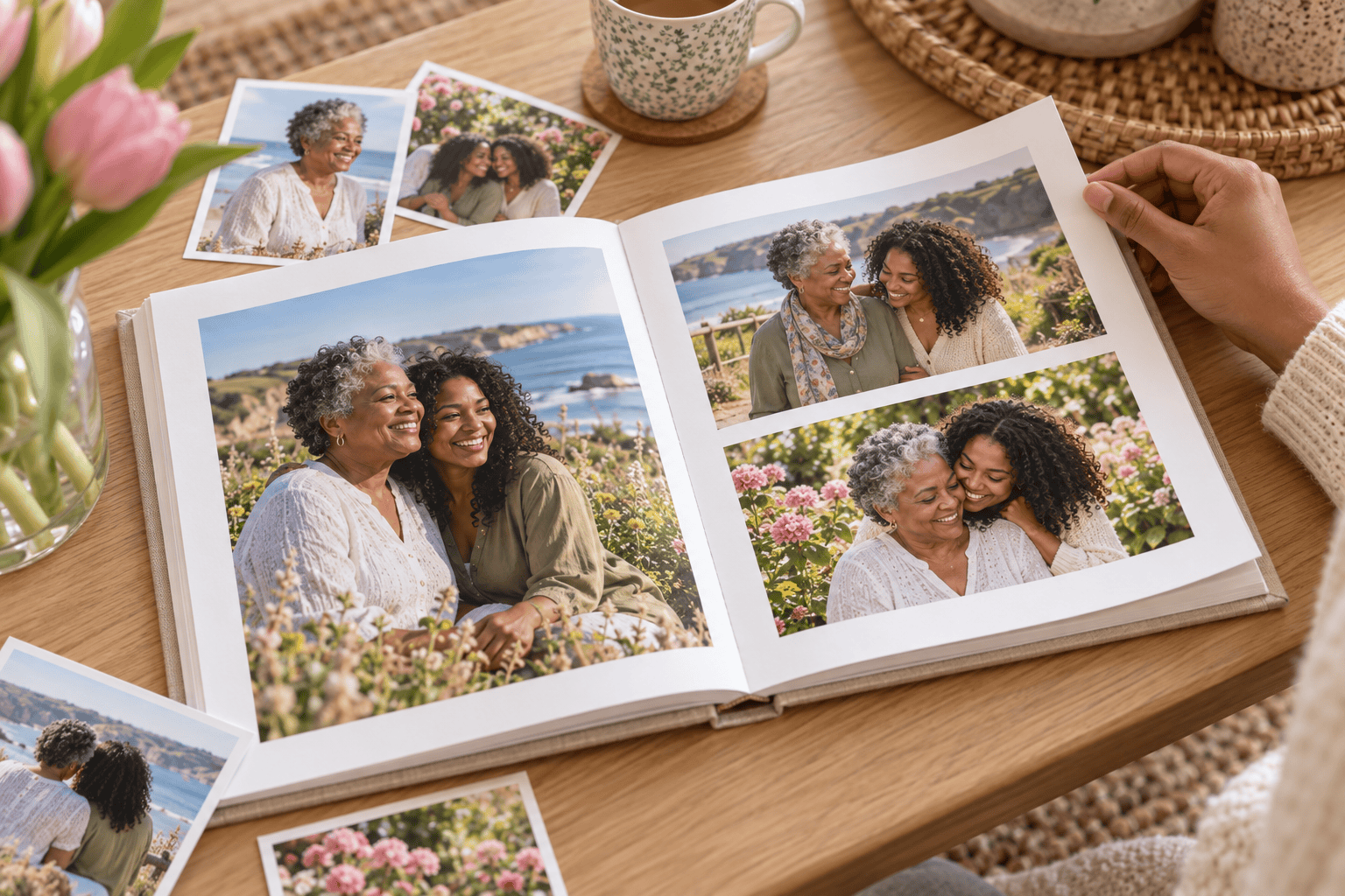 Open family photo book with coastal and garden photographs beside loose prints on an oak table.