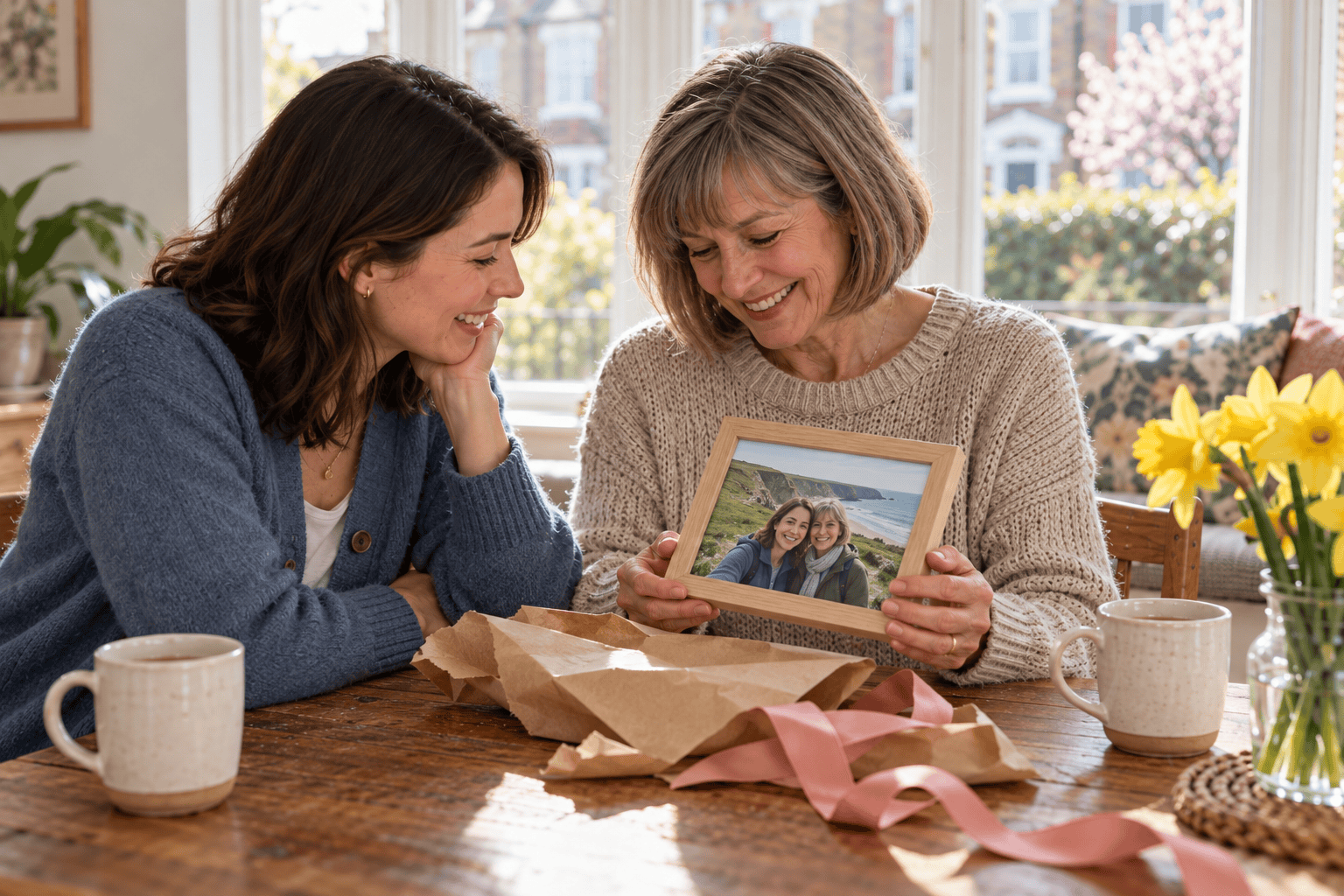 Mum and daughter smiling at a framed photograph of their coastal walk.