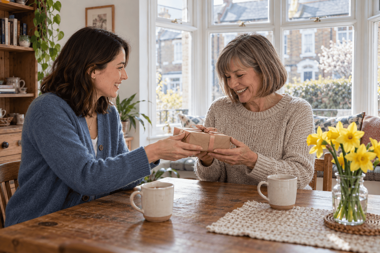 Daughter giving her smiling mum a brown-paper parcel beside a sunny bay window.