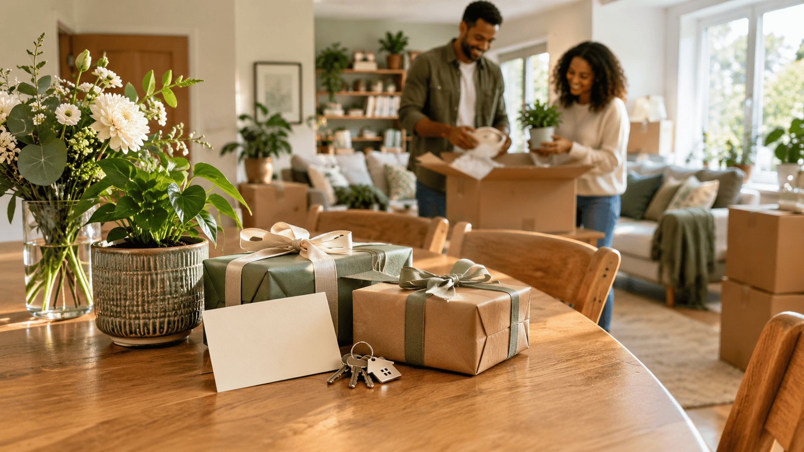 Wrapped housewarming gifts and keys in a welcoming new home
