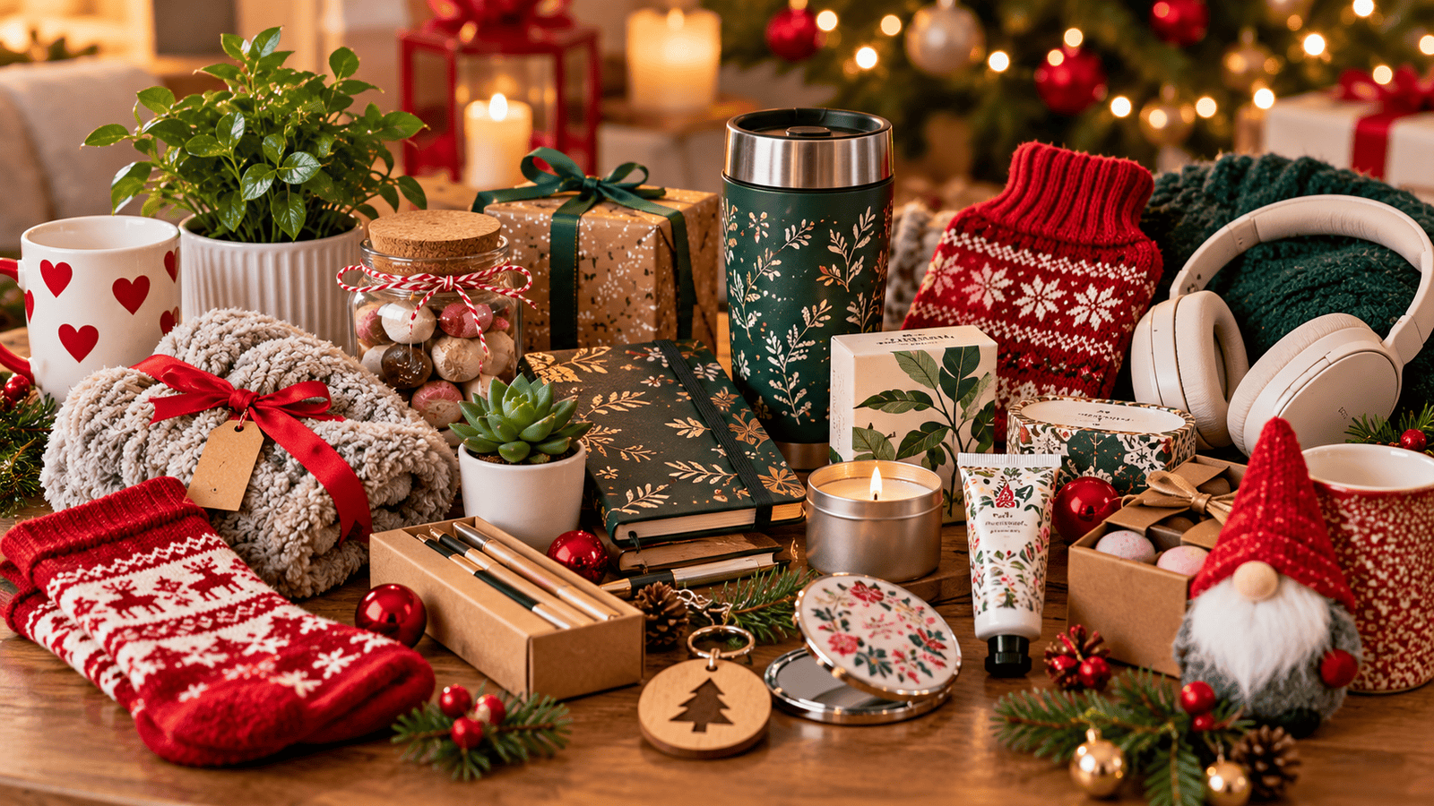 Affordable Secret Santa gifts arranged on a festive Christmas table