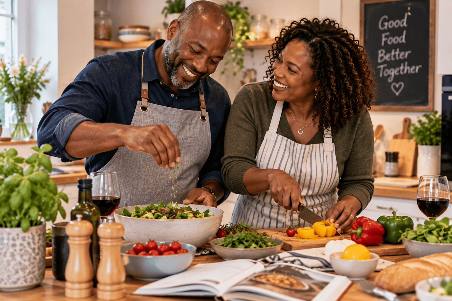 Couple enjoying cooking together as a shared anniversary experience