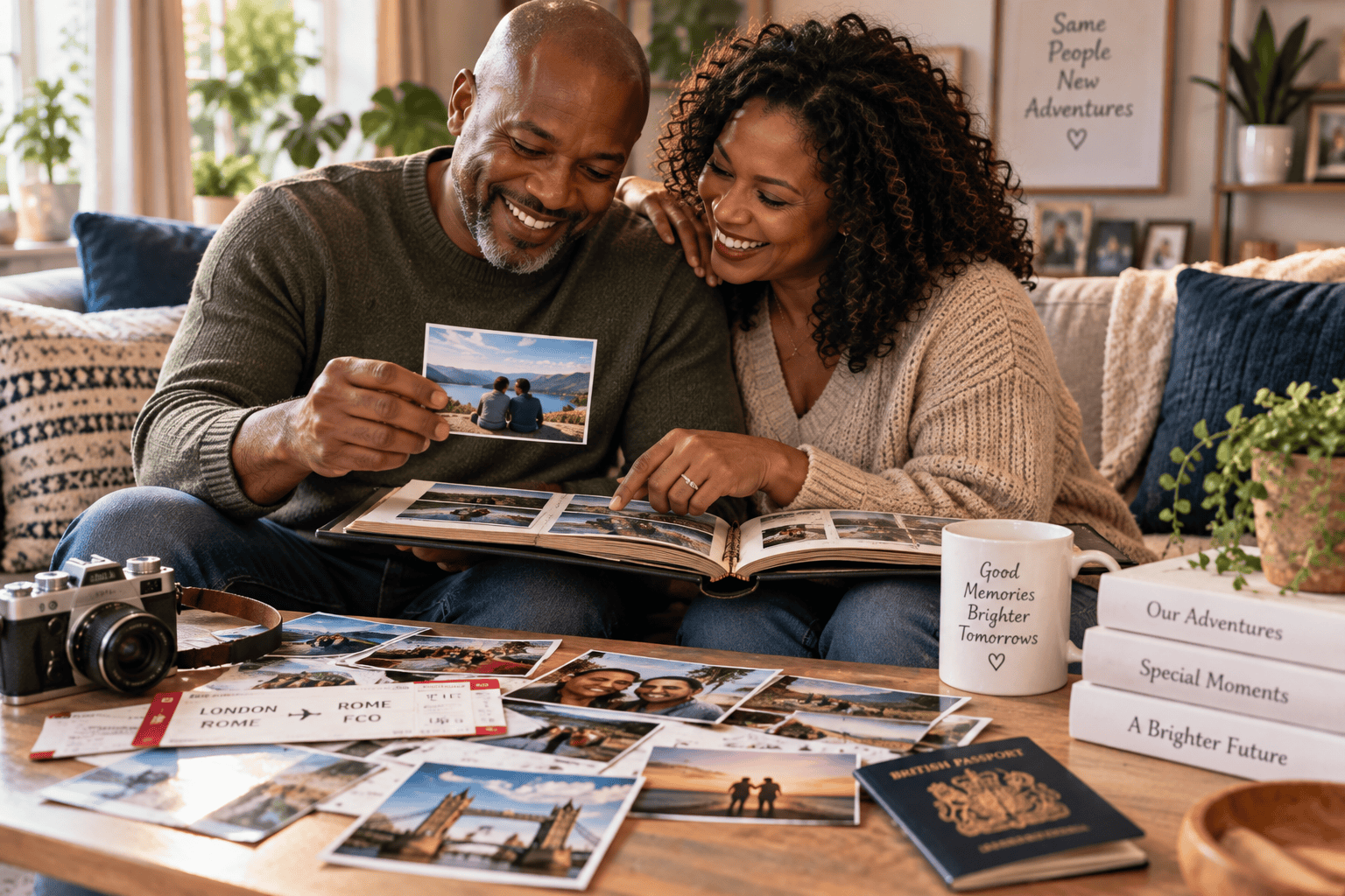 Couple looking through photographs and remembering shared experiences together