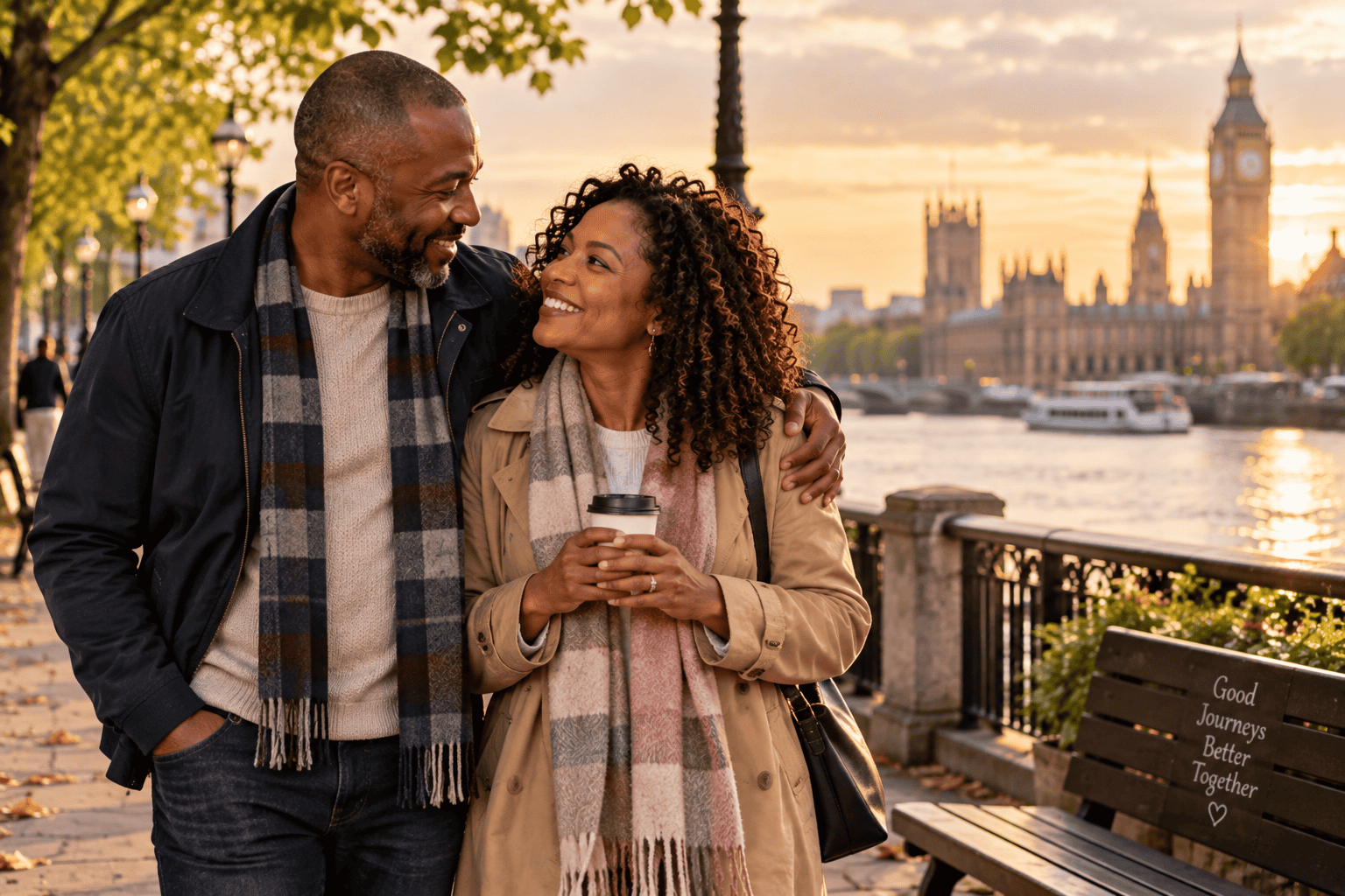 Couple enjoying time together on a riverside walk in London