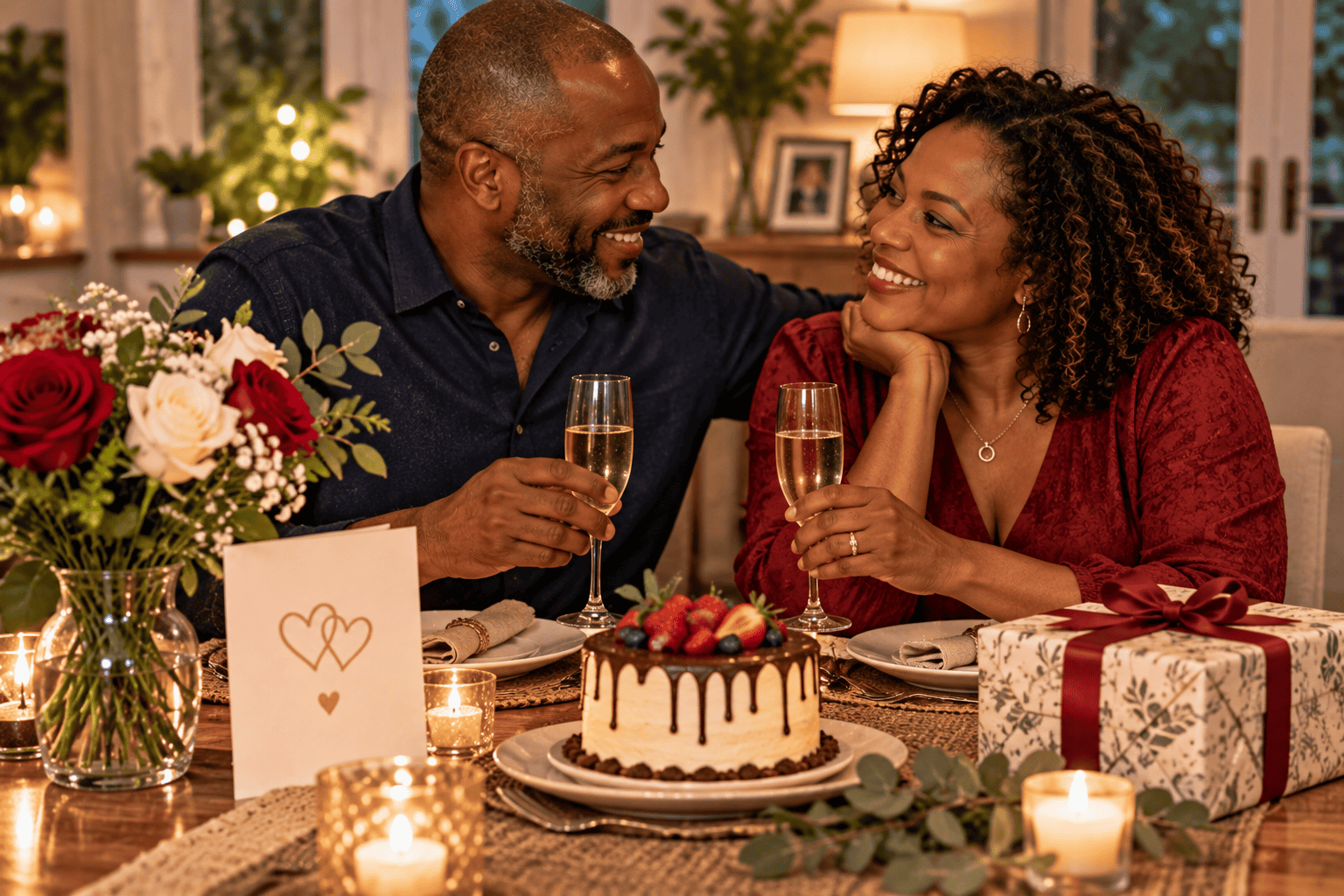 Couple celebrating their anniversary together at home with a cake, flowers and a thoughtful gift