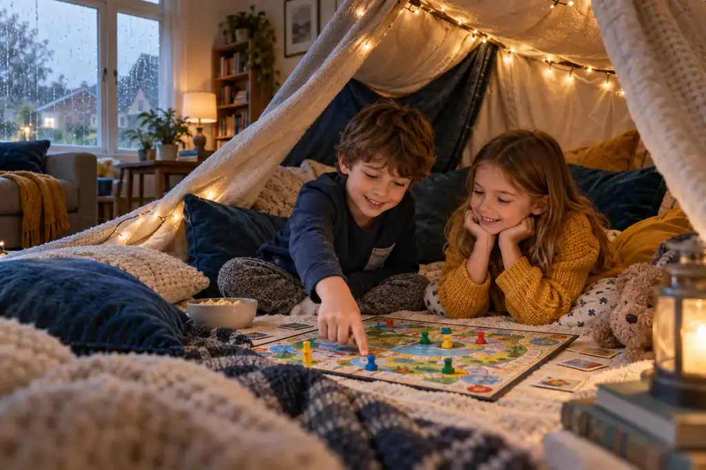 Two children playing a colourful board game inside a blanket den with warm fairy lights and a rain-speckled window nearby.