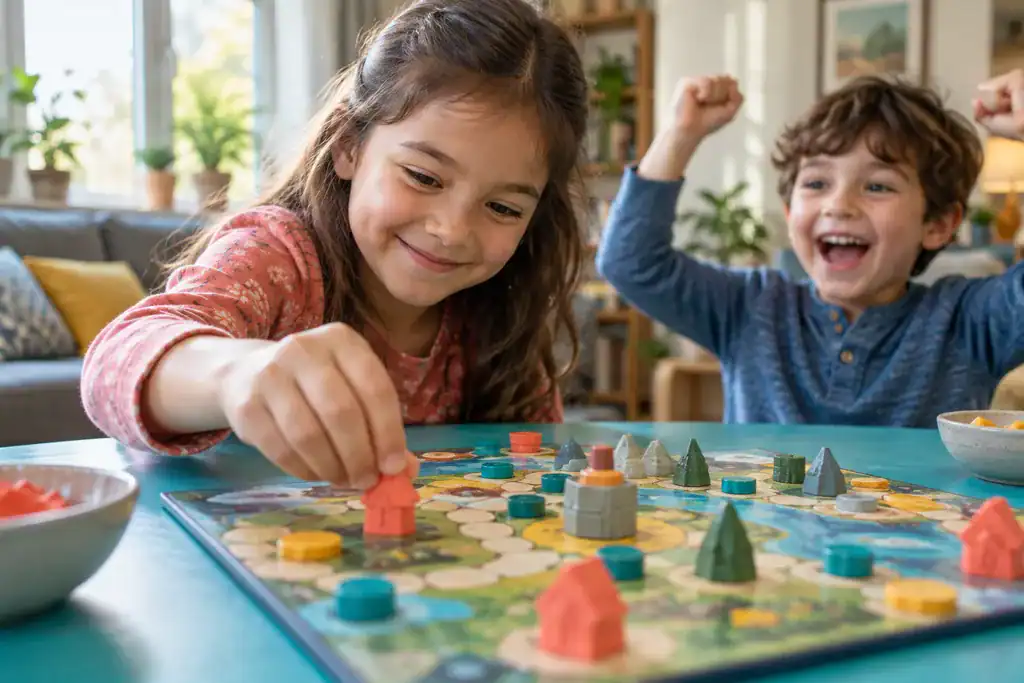Girl placing a coral game piece on a colourful board while a boy celebrates beside her