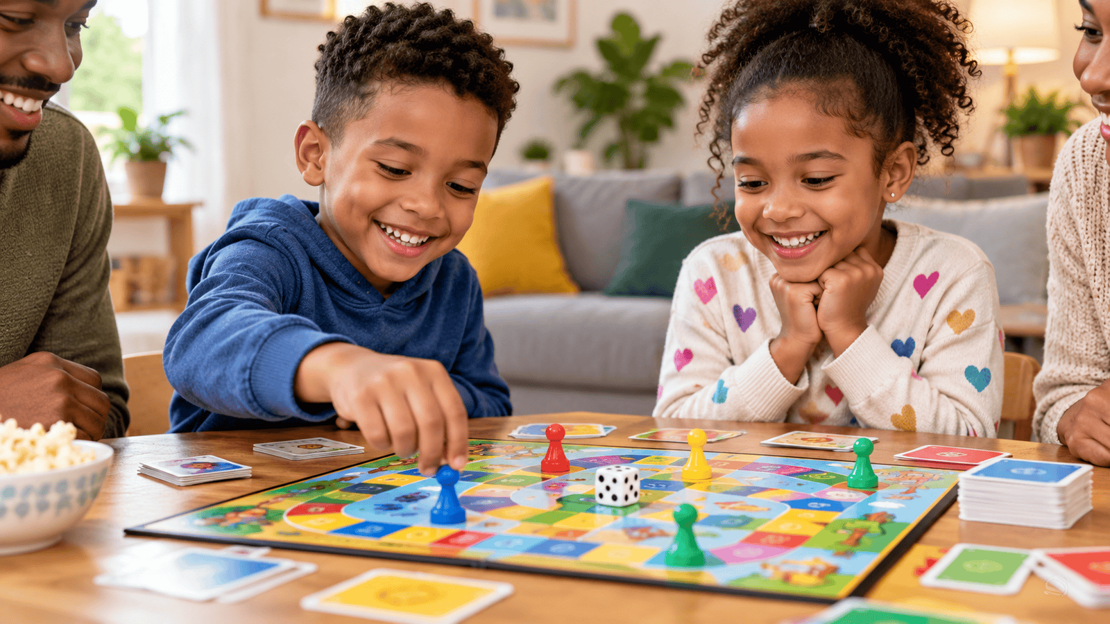 Children playing one of the best board games for ages 6 and 8 with family