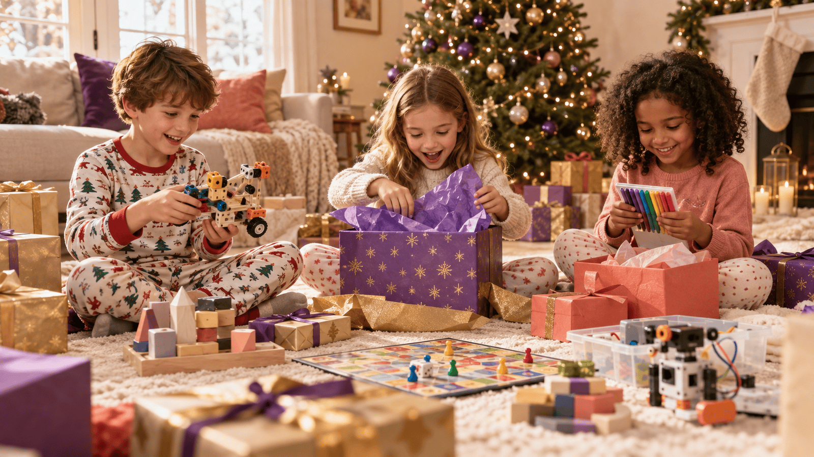 Children aged 6 to 8 opening Christmas gifts beside a decorated tree