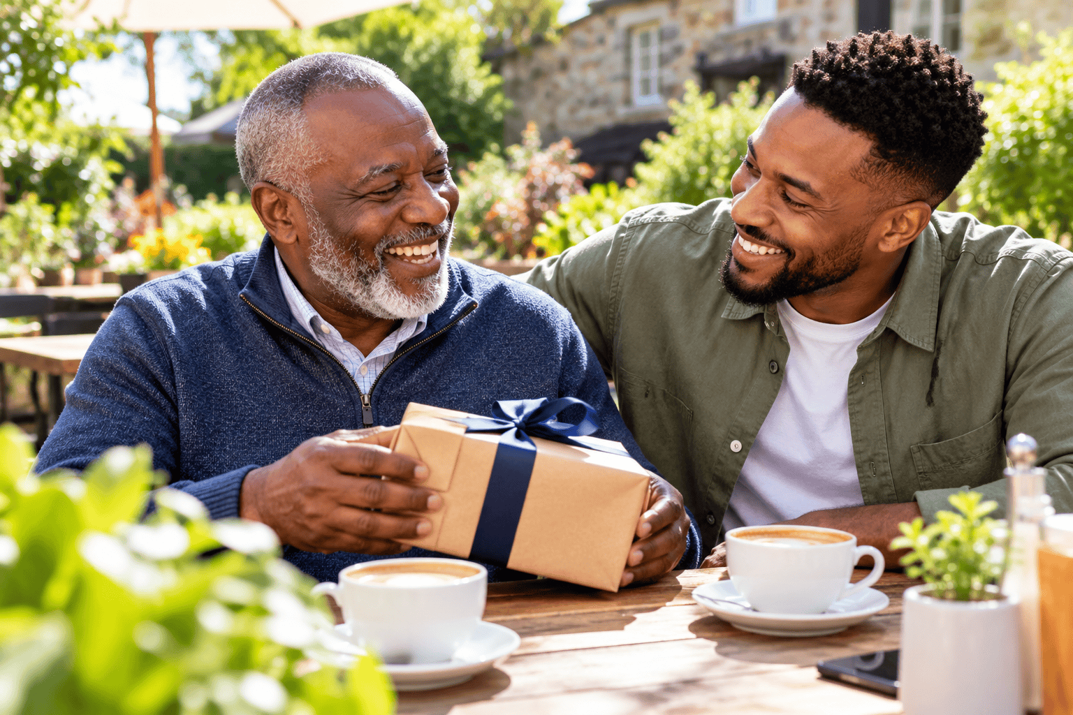 Father and adult son enjoying time together with a Father’s Day gift