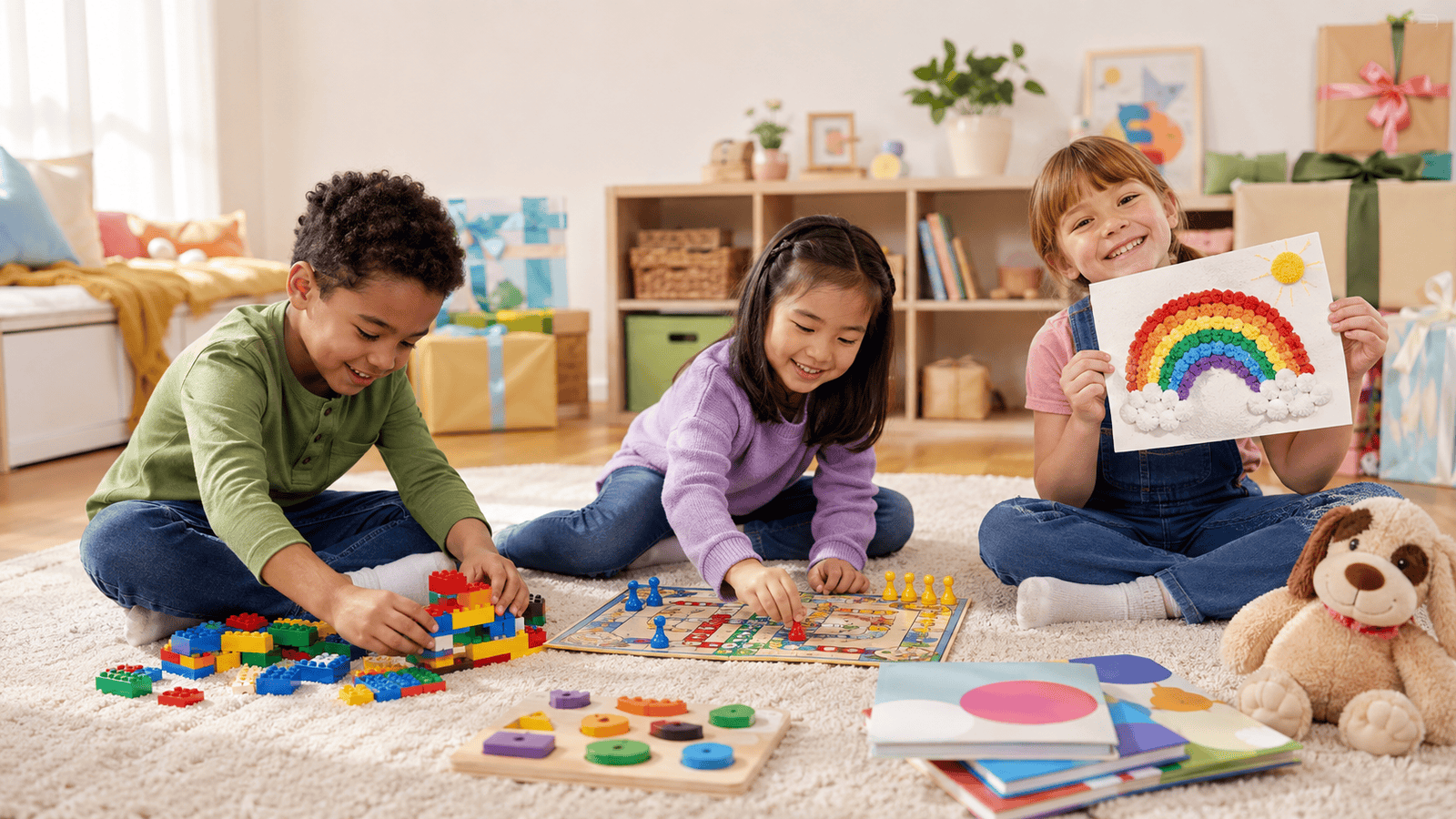 Three children aged six to eight enjoying construction toys, a board game and a colourful craft activity in a bright playroom.