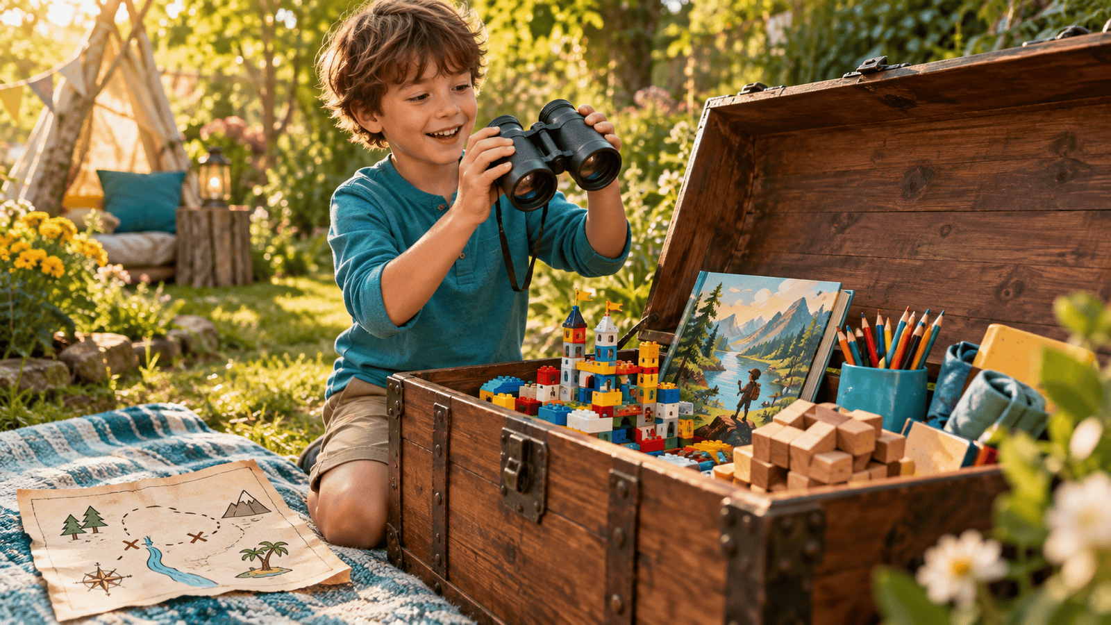 Best gifts for 7-year-olds displayed in a garden treasure chest, with building toys, art supplies, a book and a child holding binoculars.