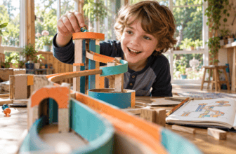 Child testing a colourful marble run, a creative play idea featured in our best gifts for 8-year-olds guide.