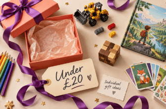 Children’s gift ideas with pencils, a construction toy, a book, a puzzle and cards beside an “Under £20” tag.