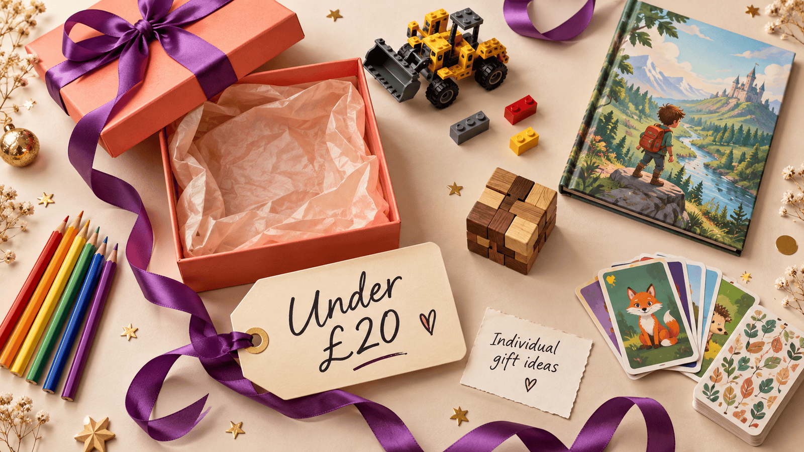 Children’s gift ideas with pencils, a construction toy, a book, a puzzle and cards beside an “Under £20” tag.