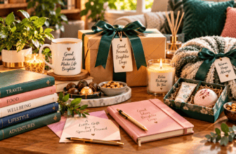 Best gifts for friends including a wrapped present journal chocolates candle and cosy accessories
