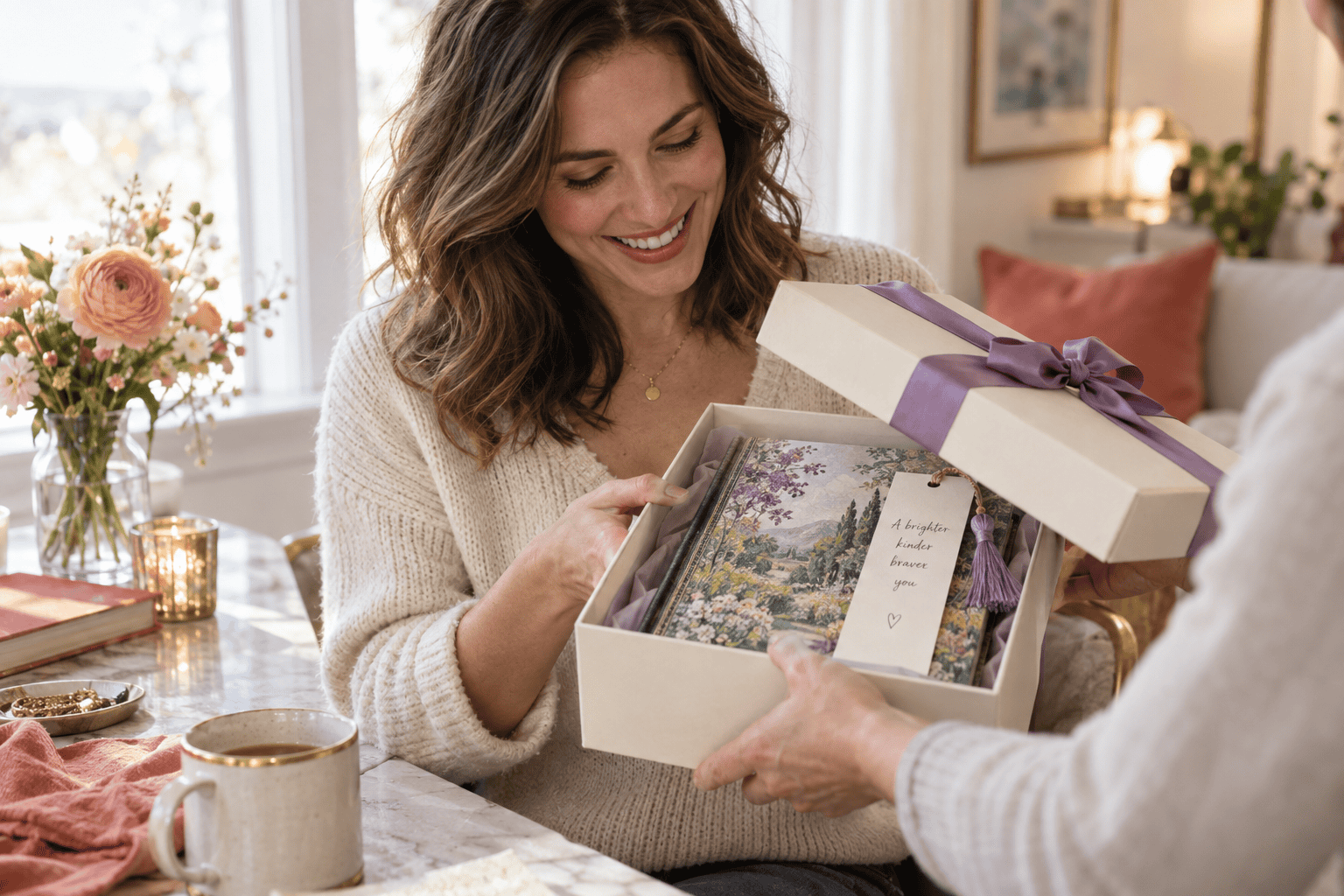 Woman smiling as she opens a book in a ribbon-tied gift box, illustrating thoughtful choices for the best gifts for women.