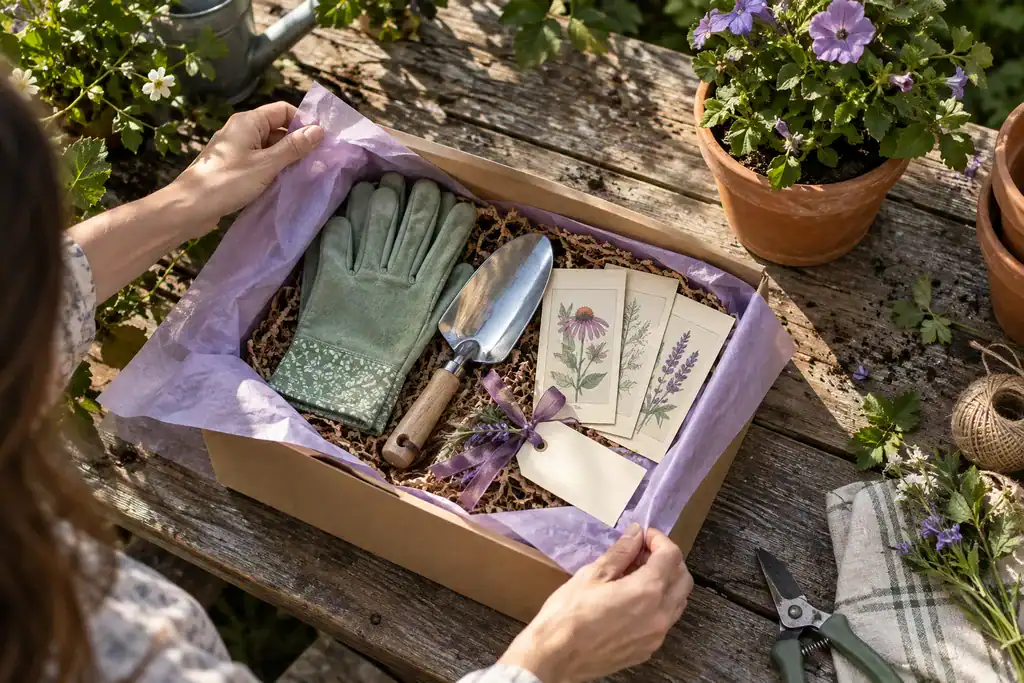 Woman opening a gardening gift box with gloves, a hand trowel and illustrated seed packets.