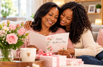 Mother and adult daughter sharing a joyful Mother’s Day moment with flowers and a gift