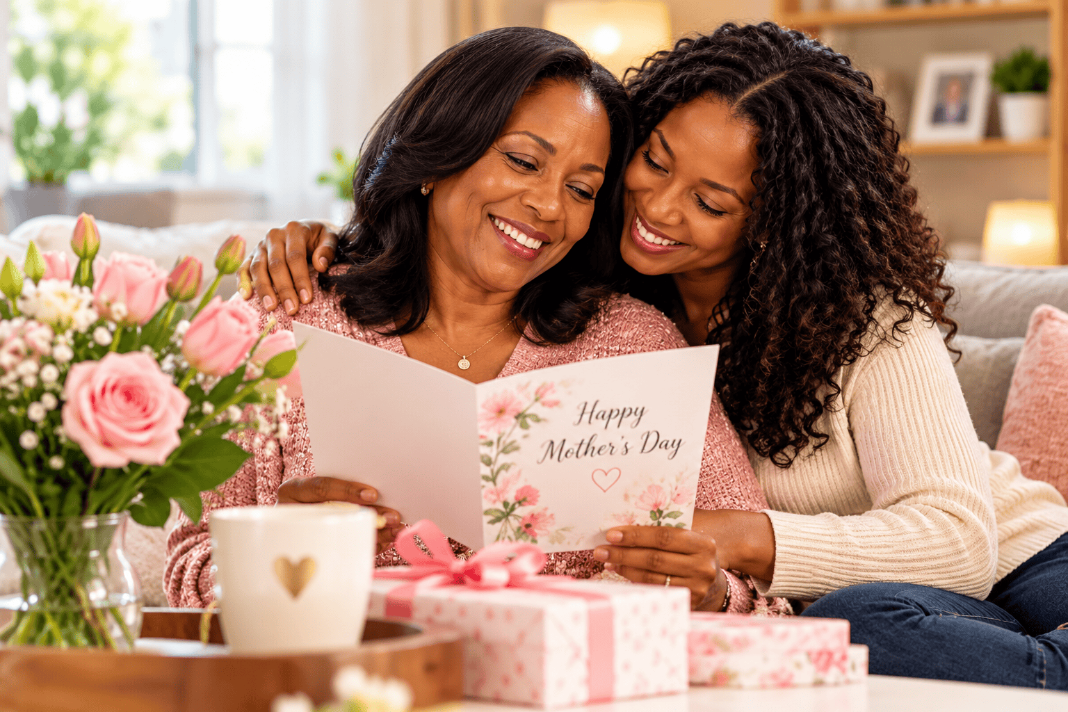 Mother and adult daughter sharing a joyful Mother’s Day moment with flowers and a gift