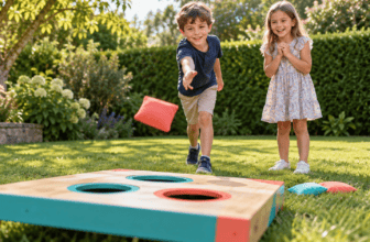 Two children playing a colourful beanbag target game in a sunny garden.