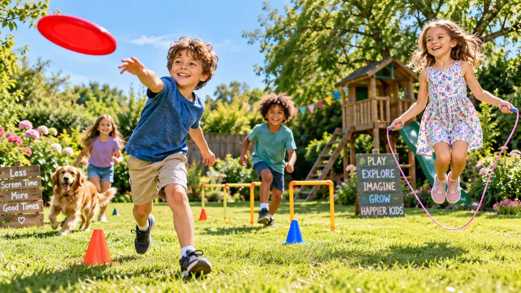 Children aged 6 to 8 enjoying outdoor toys, including a flying disc, skipping rope and garden games.