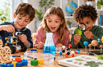 Children exploring STEM gifts with a science experiment, robot, magnifying glass and educational models.