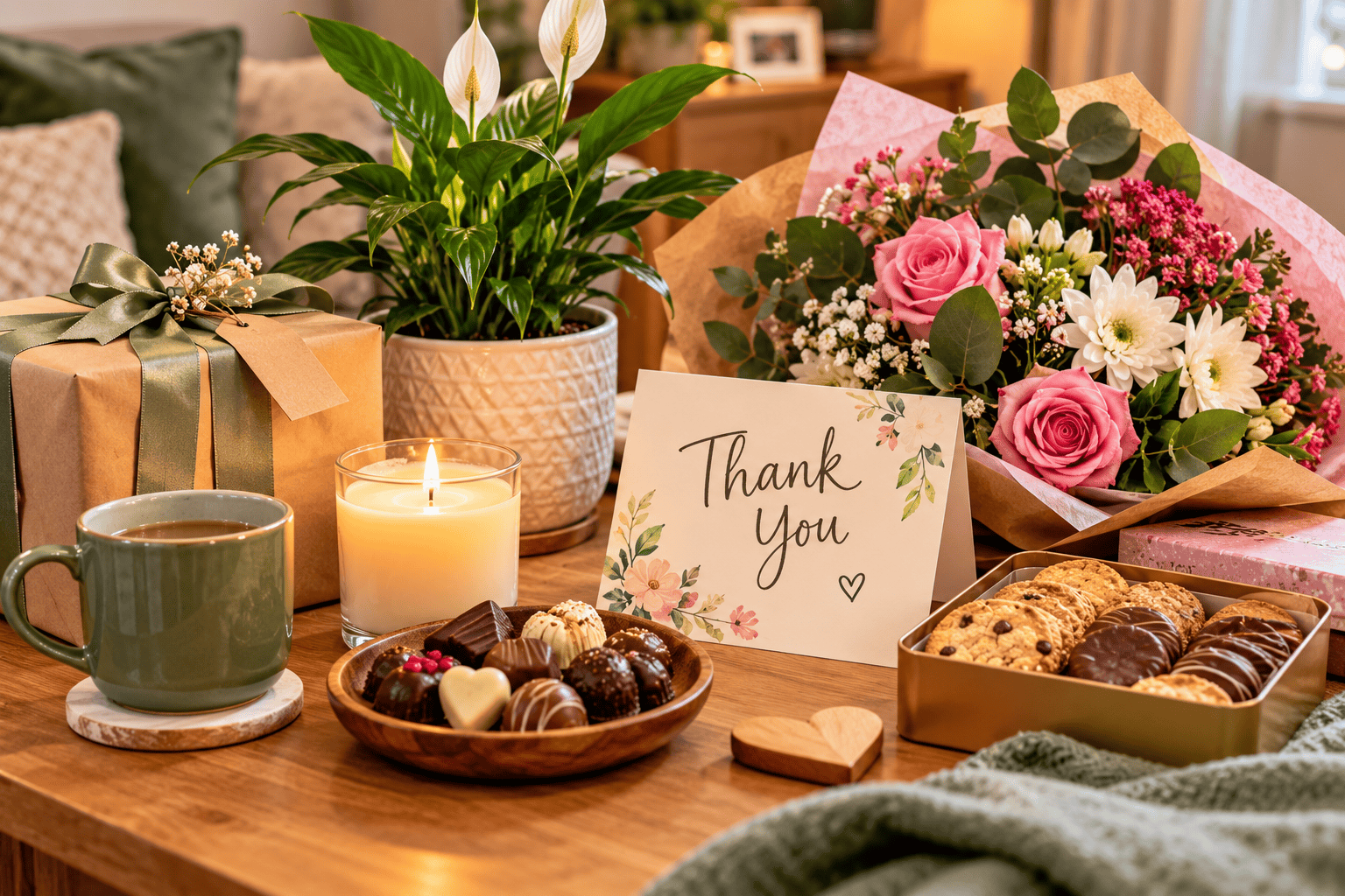 Best thank you gifts including flowers chocolates a candle plant and wrapped present