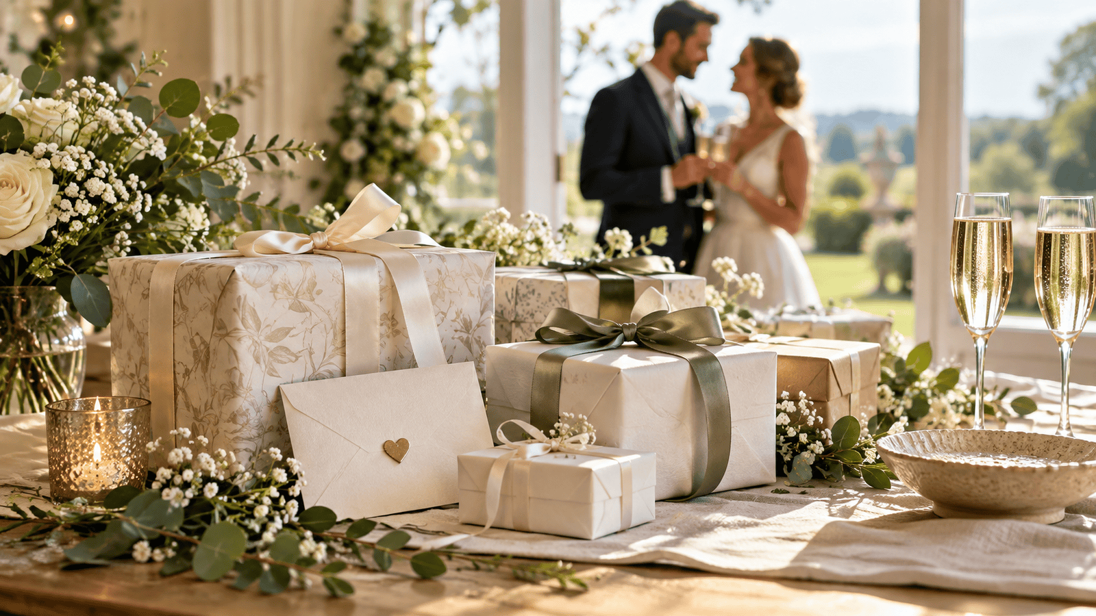 Beautifully wrapped wedding gifts with flowers and newlyweds in the background