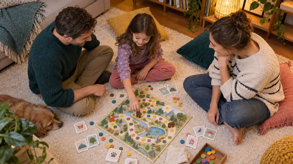 Six-year-old playing a cooperative board game with family