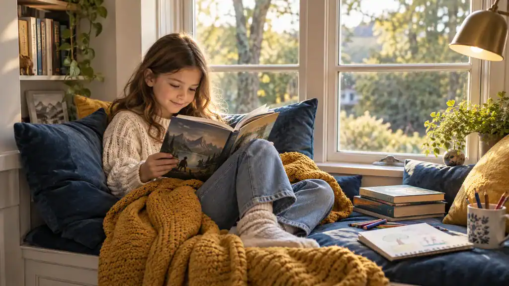 Child reading an adventure book in a sunlit window seat with blue cushions and a mustard blanket.