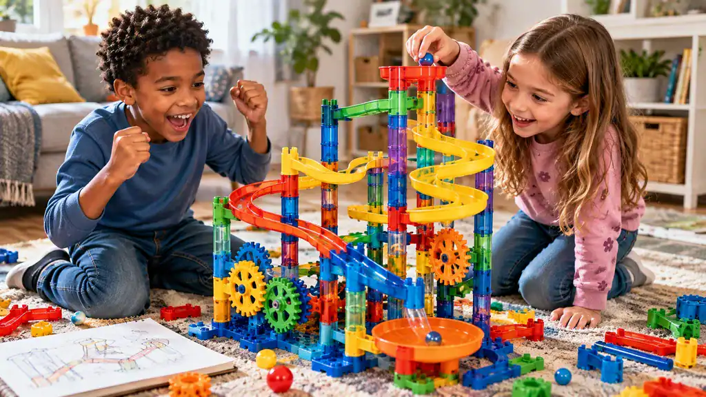 Two children building a colourful STEM marble run with tracks and gears while enjoying an engineering challenge.