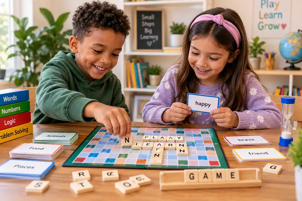 Children aged 6–8 playing an educational word board game with letter tiles