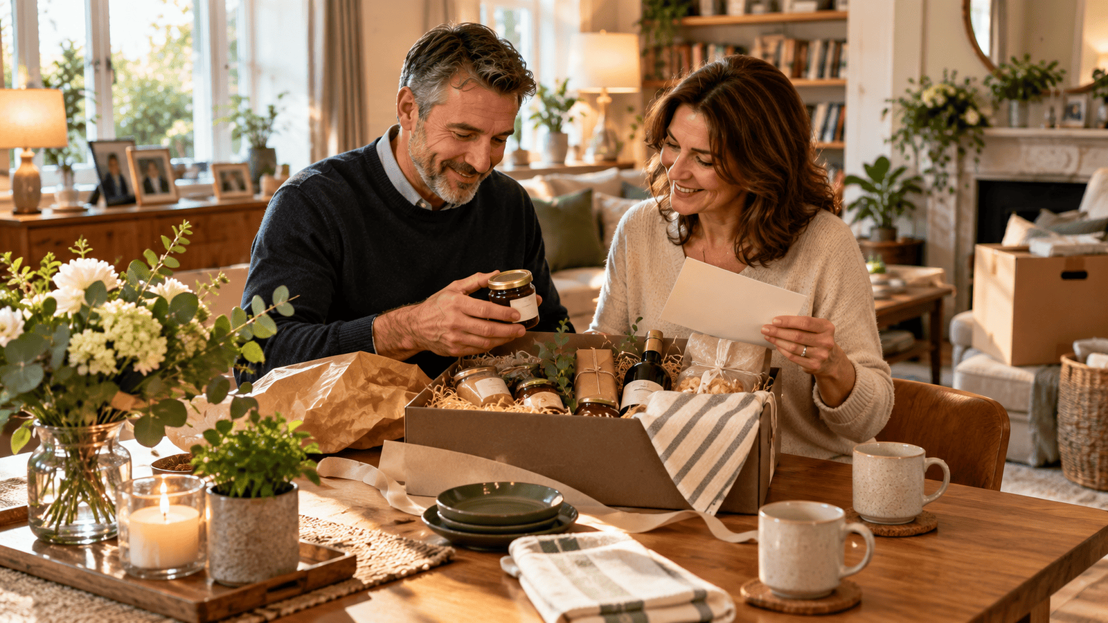 Established couple opening a food hamper in their new home