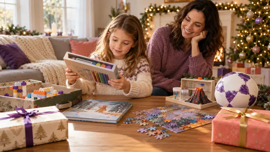 Child choosing an age-appropriate Christmas gift while a parent watches