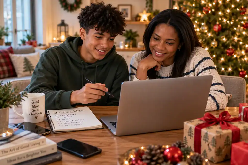 Teenager and family member discussing a Christmas gift choice together