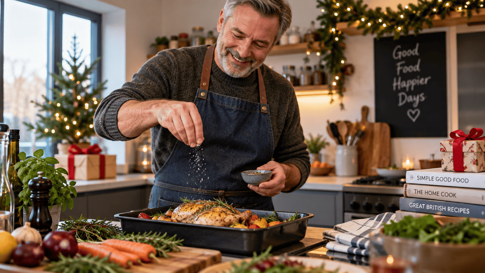 Dad cooking in a festive kitchen, representing Christmas gift ideas for dads who enjoy cooking