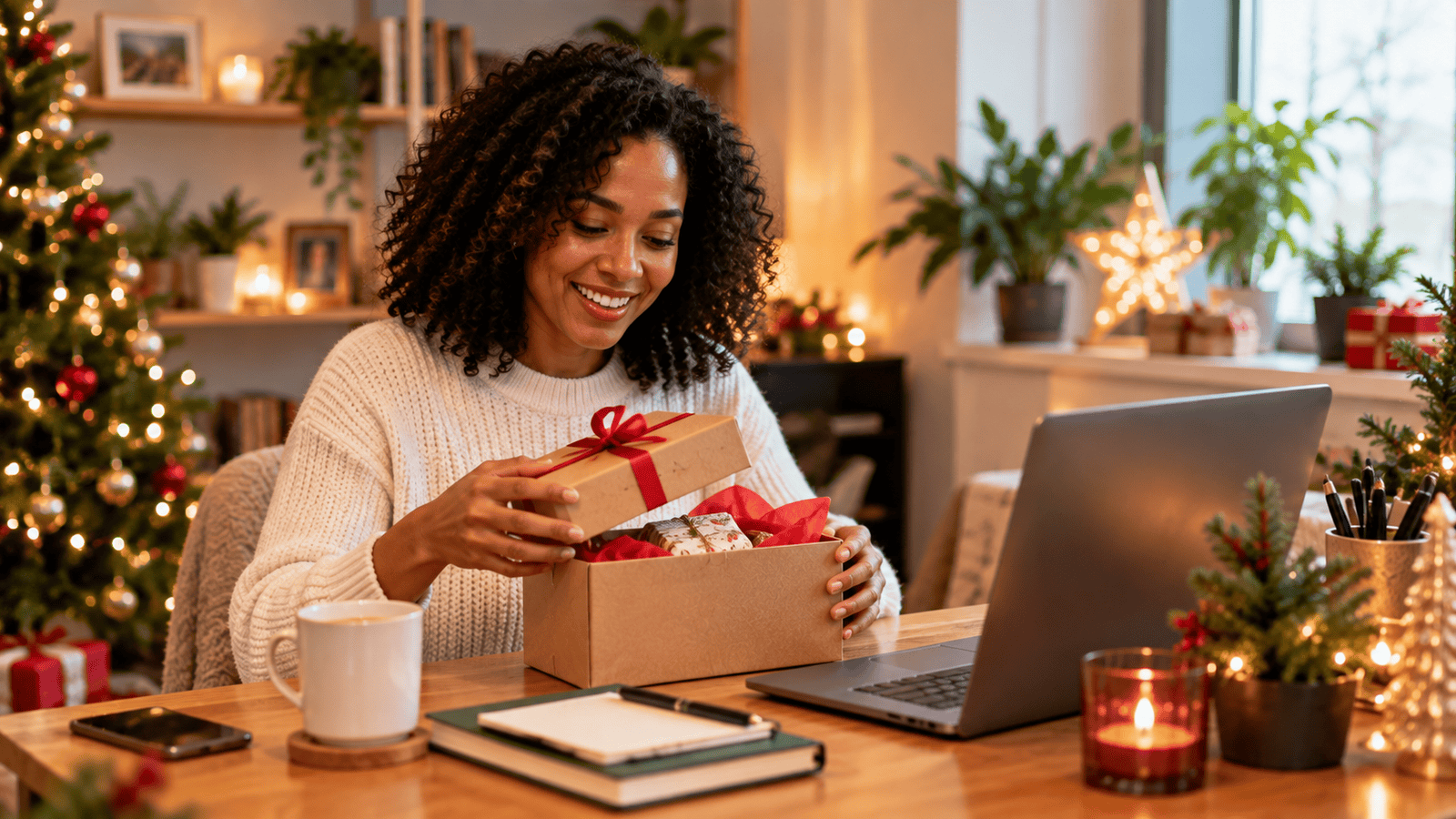 Remote worker opening a parcel beside a laptop at home