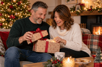 Christmas gifts for couples represented by partners opening a shared present at home.