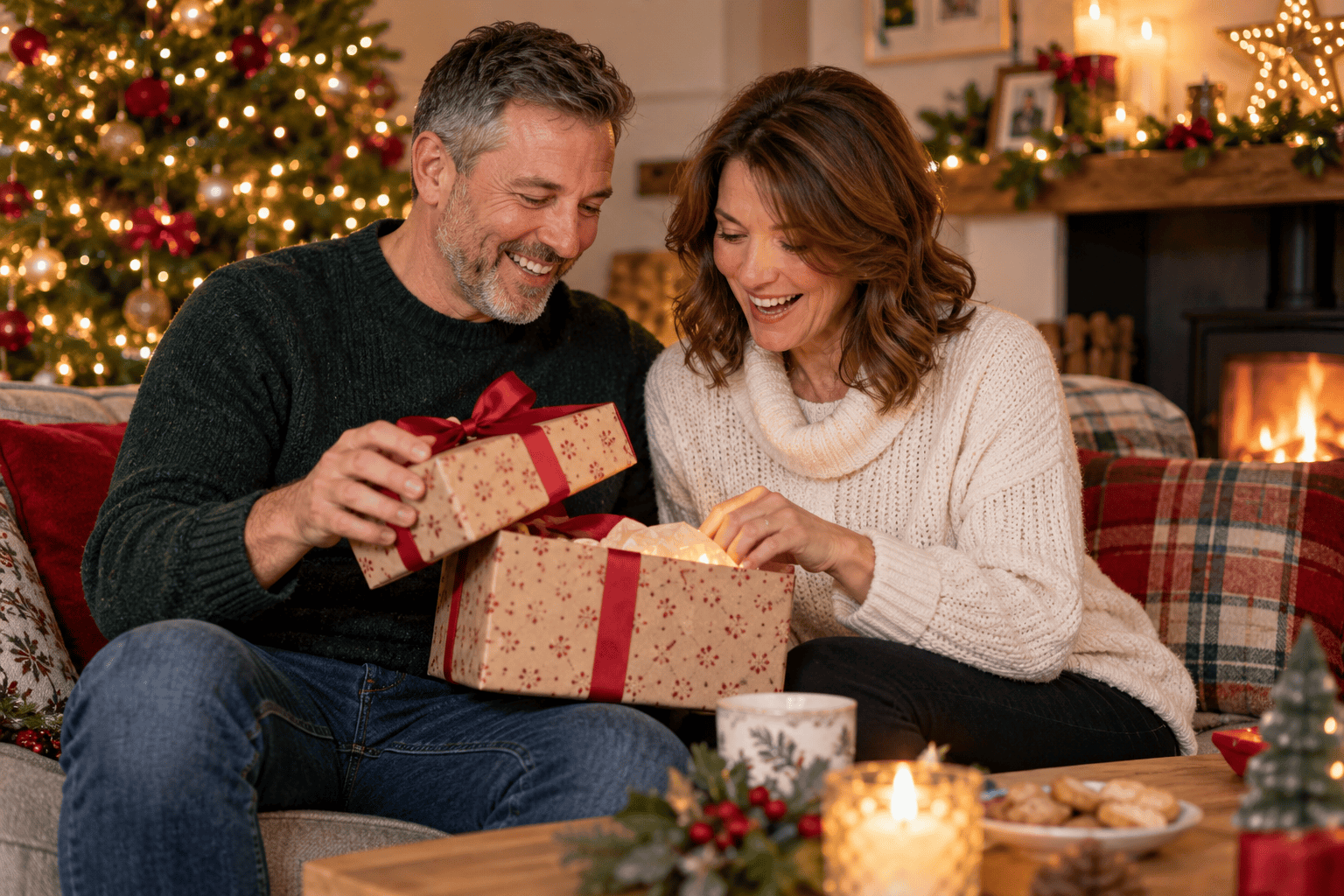 Christmas gifts for couples represented by partners opening a shared present at home.