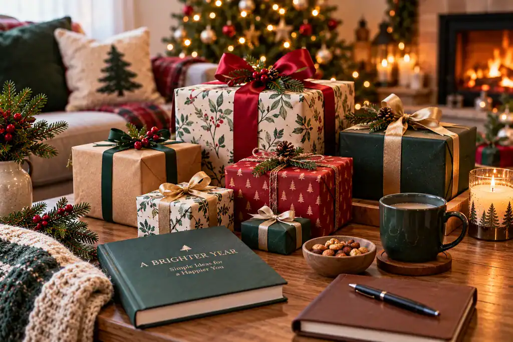 Christmas gifts for men at different budgets arranged in a festive setting