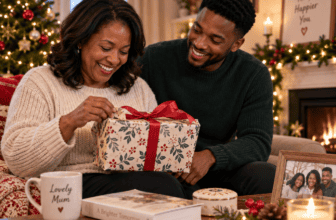 Mum opening a thoughtful Christmas gift from her adult child in a warm festive home