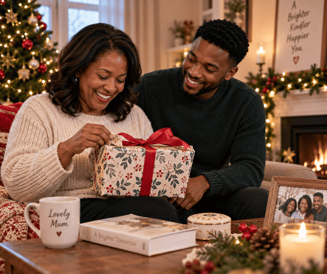 Mum opening a thoughtful Christmas gift from her adult child in a warm festive home