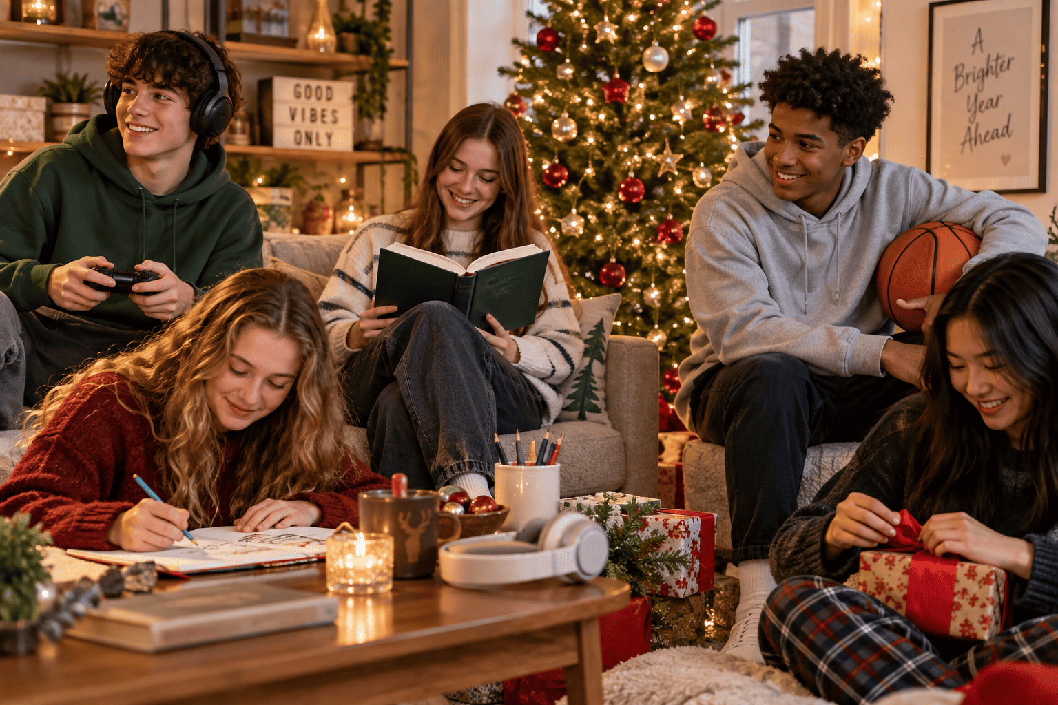 Teenagers with different interests enjoying Christmas gifts