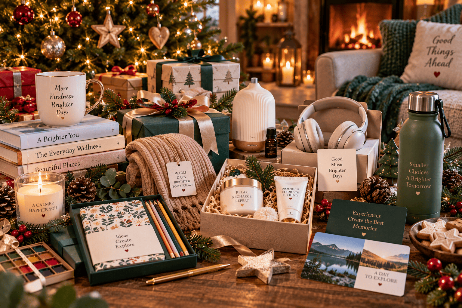 Thoughtful Christmas gifts for women arranged in a warm festive setting