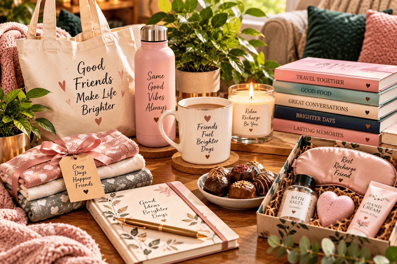 Cosy gifts for a close friend including a mug candle journal chocolates and self-care items