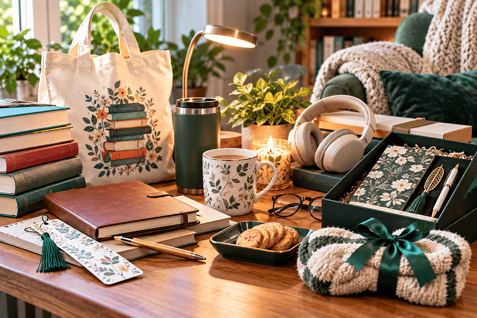 Cosy reading gifts for book lovers including a mug journal headphones and soft blanket
