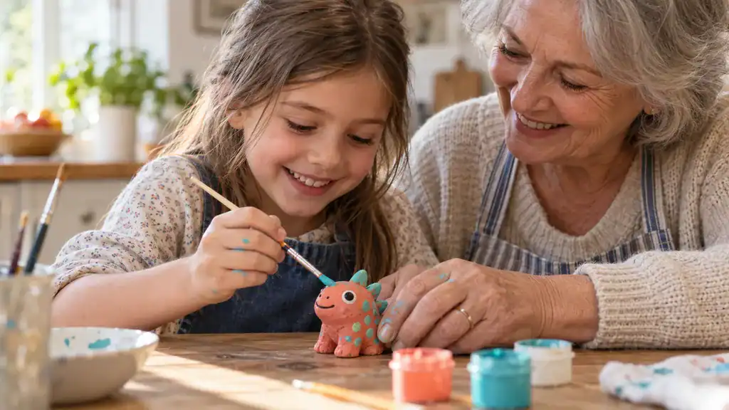 Child and grandparent painting a small coral and turquoise clay creature together at a kitchen table.