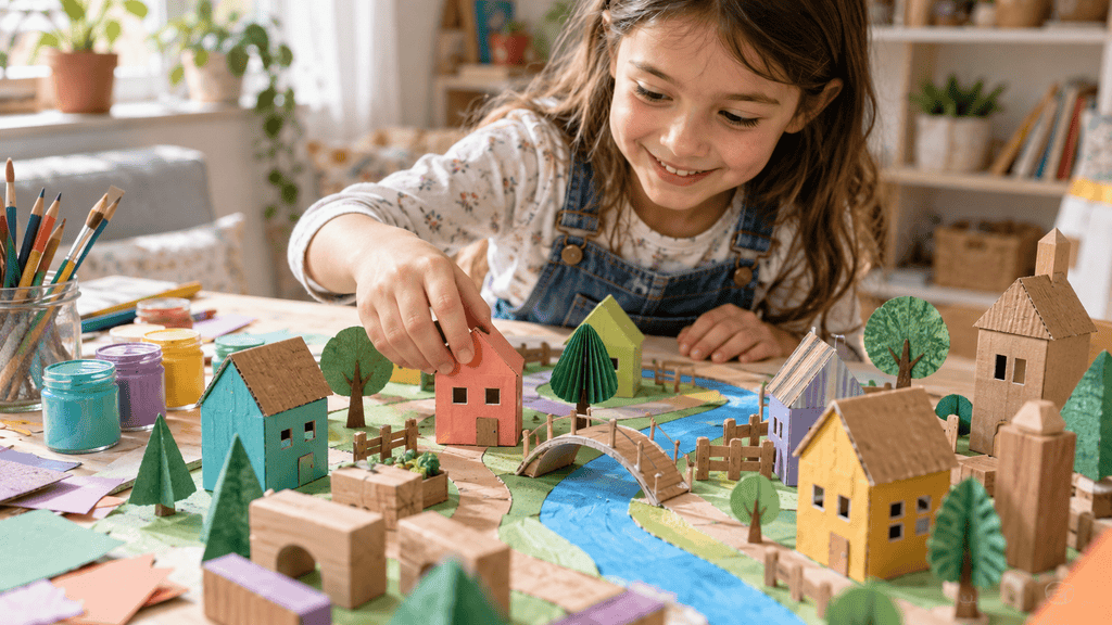 Child building a colourful cardboard town with handmade houses, a bridge and paper trees.